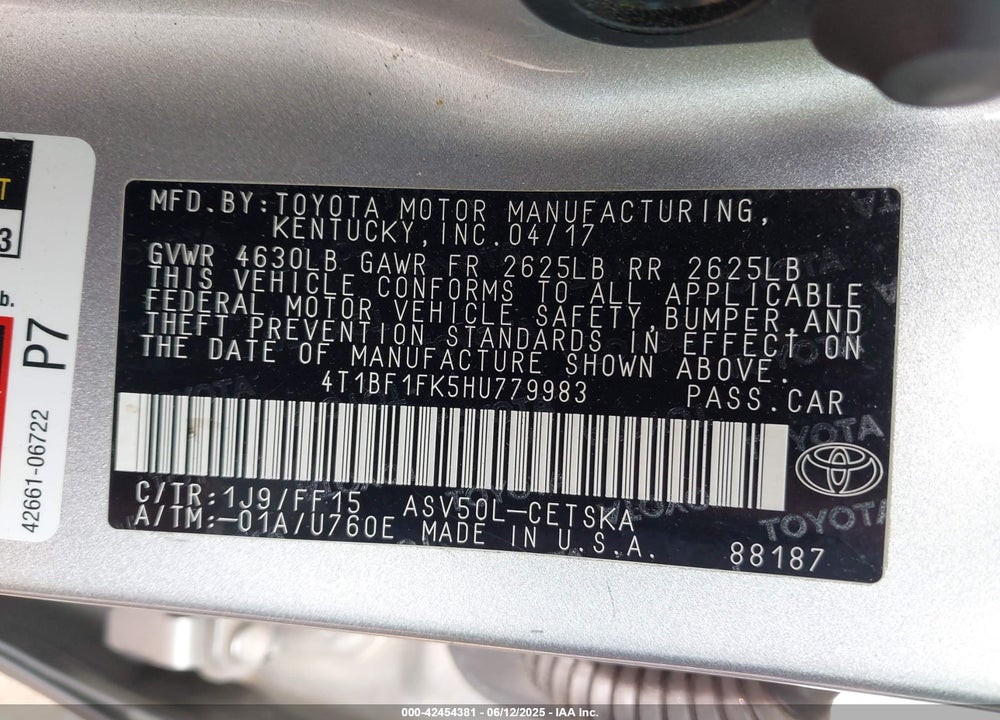 2017 TOYOTA CAMRY VIN: 4T1BF1FK5HU779983
