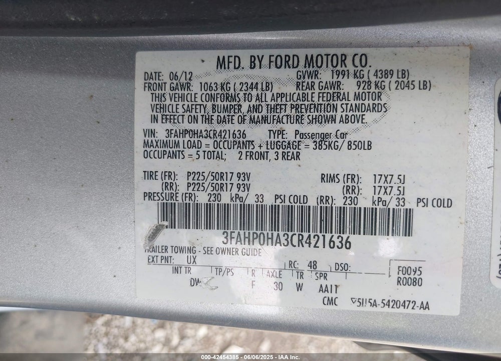 2012 FORD FUSION VIN: 3FAHP0HA3CR421636