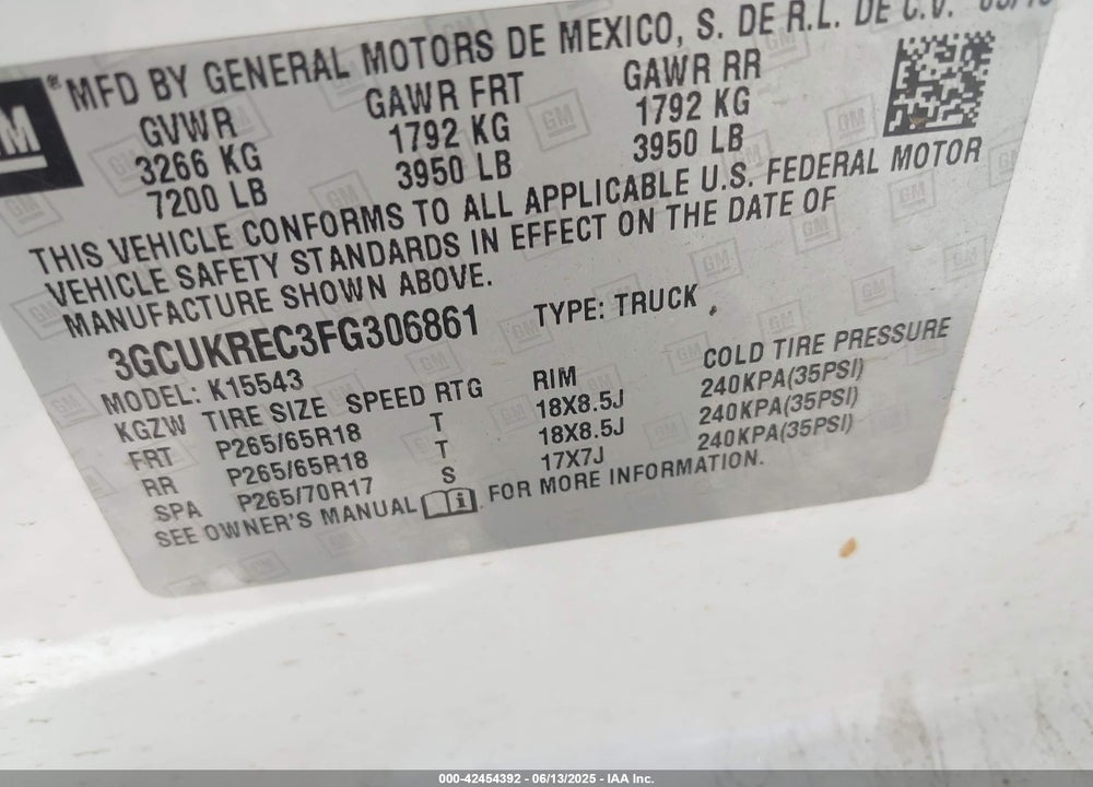 2015 CHEVROLET SILVERADO 1500 VIN: 3GCUKREC3FG306861