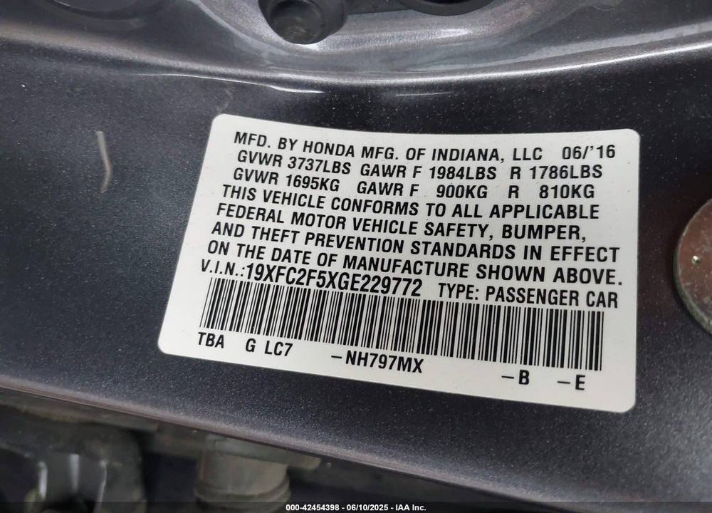 2016 HONDA CIVIC VIN: 19XFC2F5XGE229772