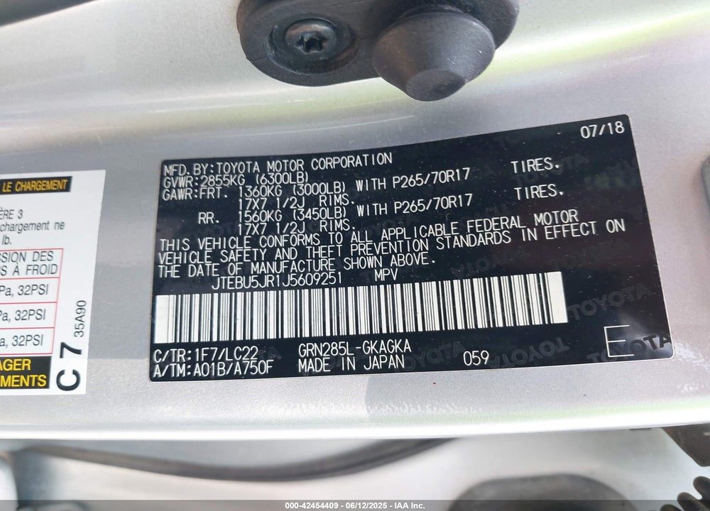2018 TOYOTA 4RUNNER VIN: JTEBU5JR1J5609251