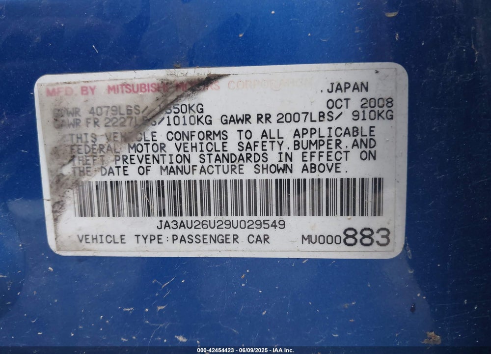 2009 MITSUBISHI LANCER VIN: JA3AU26U29U029549