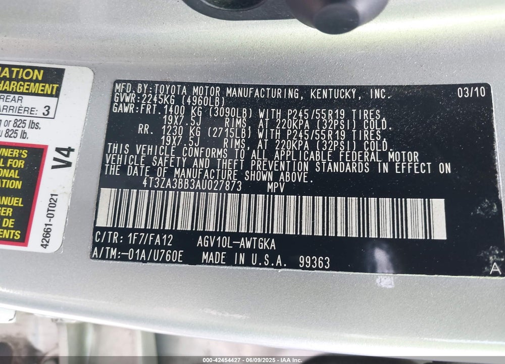 2010 TOYOTA VENZA VIN: 4T3ZA3BB3AU027873