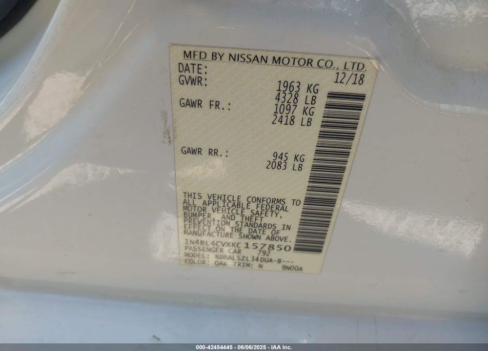 2019 NISSAN ALTIMA VIN: 1N4BL4CVXKC157850