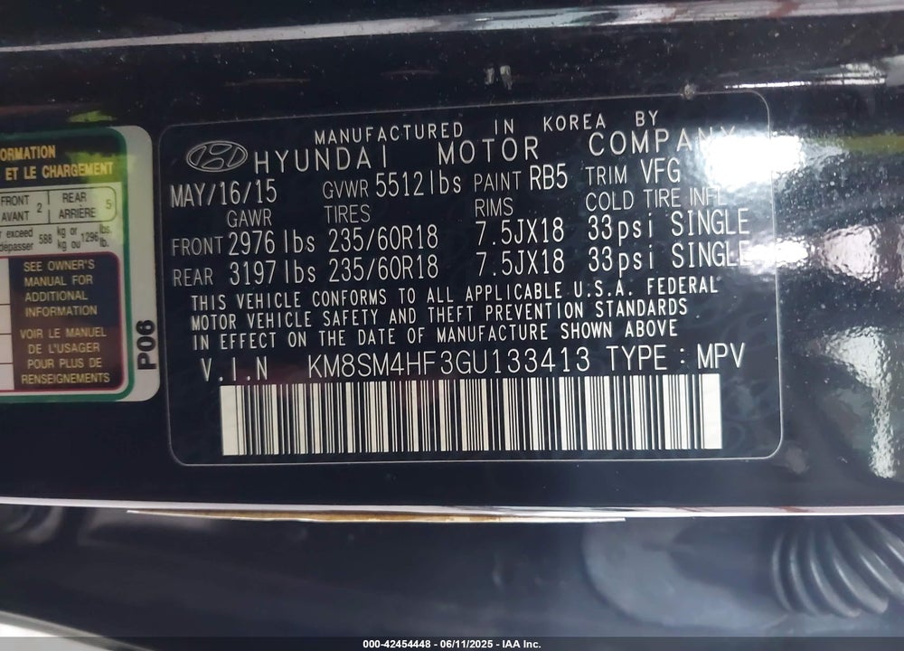 2016 HYUNDAI SANTA FE SE VIN: KM8SM4HF3GU133413