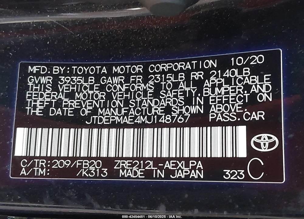 2021 TOYOTA COROLLA LE VIN: JTDEPMAE4MJ148767