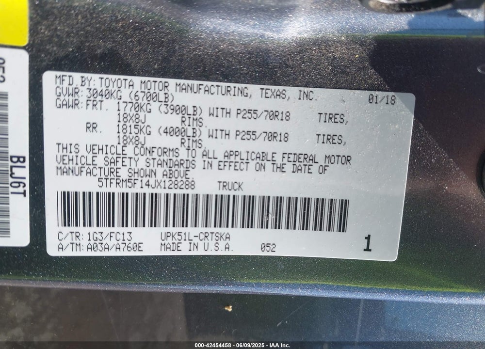 2018 TOYOTA TUNDRA VIN: 5TFRM5F14JX128288