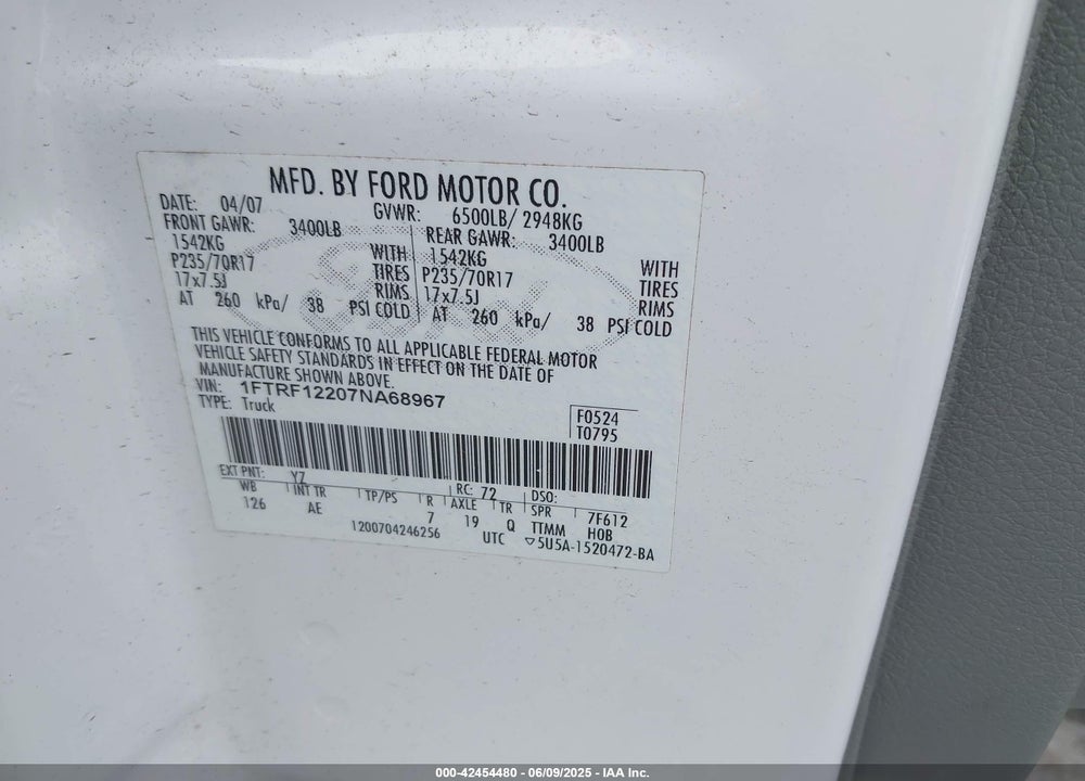 2007 FORD F-150 STX/XL/XLT VIN: 1FTRF12207NA68967