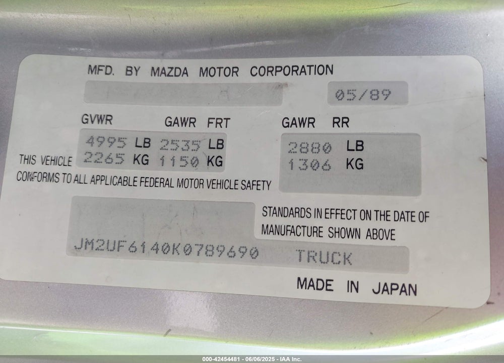 1989 MAZDA B2600 CAB PLUS VIN: JM2UF6140K0789690