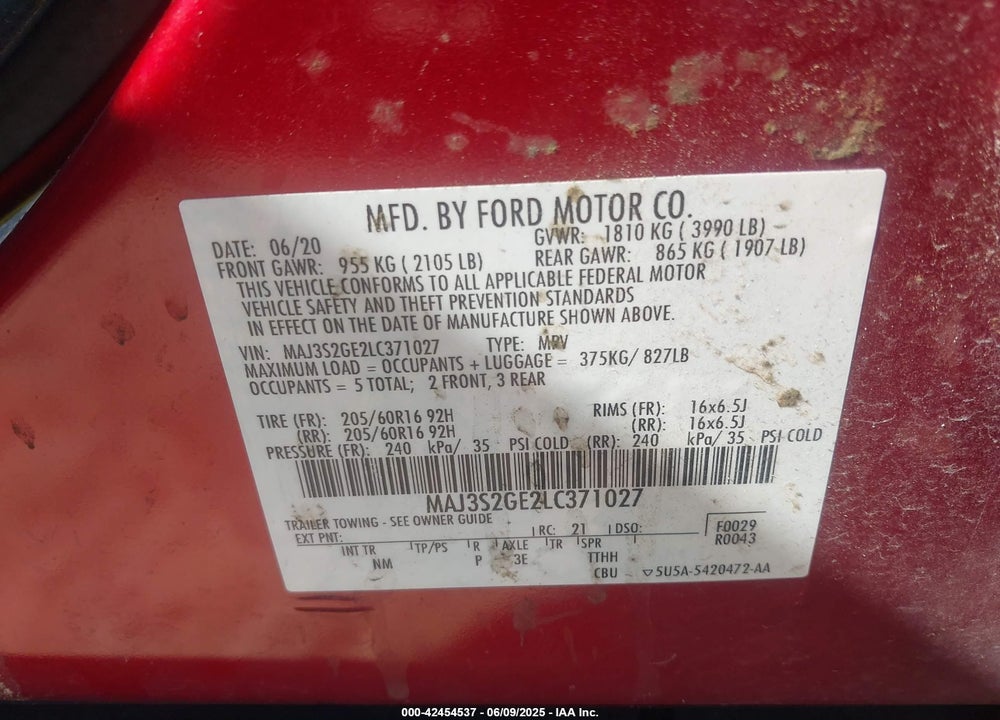 2020 FORD ECOSPORT VIN: MAJ3S2GE2LC371027