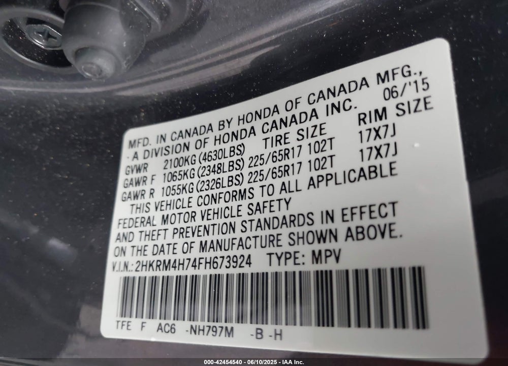 2015 HONDA CR-V VIN: 2HKRM4H74FH673924