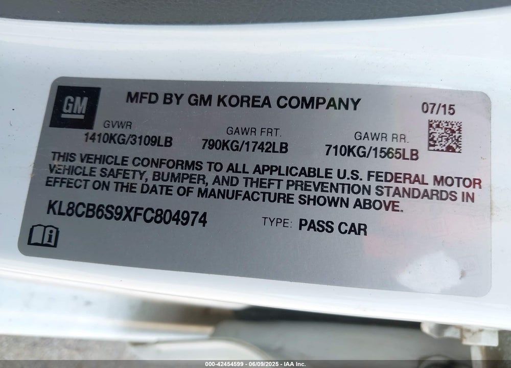 2015 CHEVROLET SPARK VIN: KL8CB6S9XFC804974