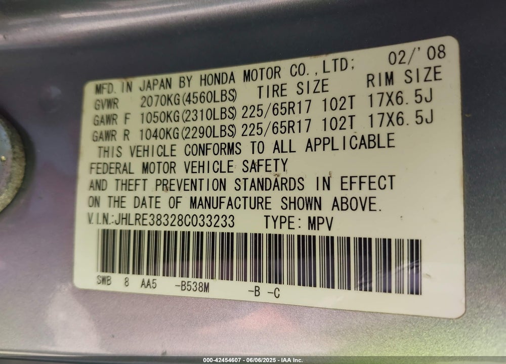 2008 HONDA CR-V LX VIN: JHLRE38328C033233