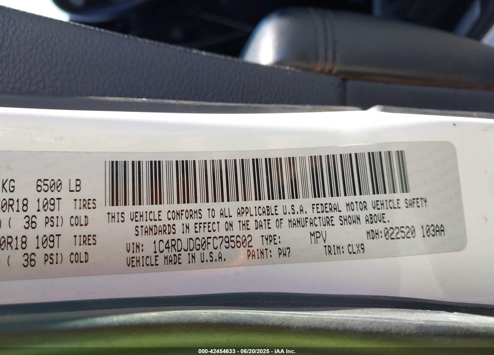 2015 DODGE DURANGO VIN: 1C4RDJDG0FC795602
