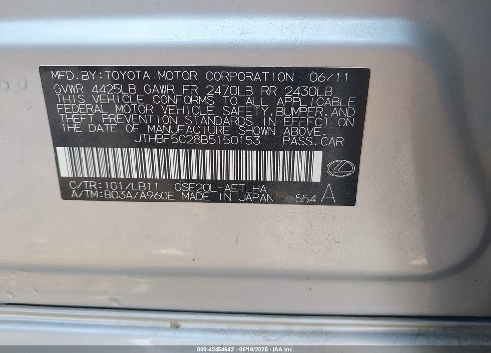 2011 LEXUS IS250 VIN: JTHBF5C28B5150153