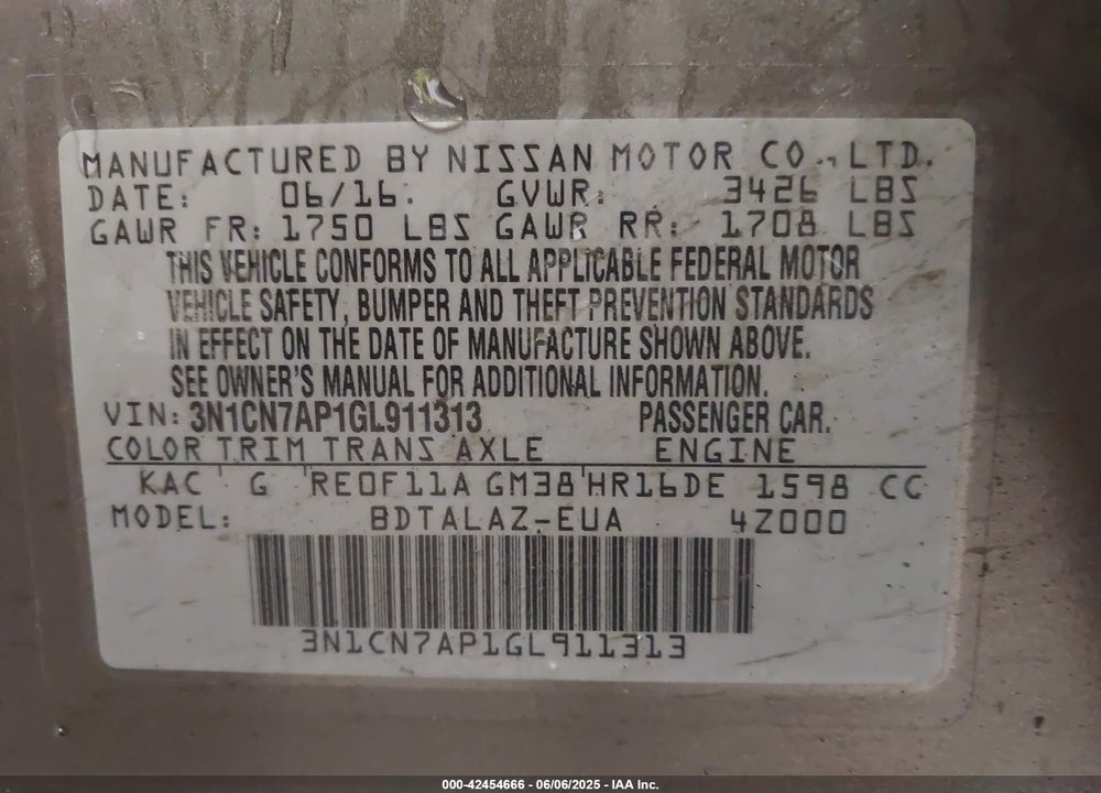 2016 NISSAN VERSA 1.6 S+ VIN: 3N1CN7AP1GL911313