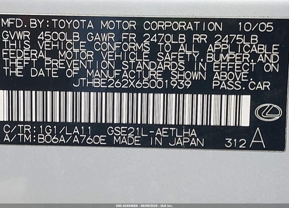 2006 LEXUS IS 350 VIN: JTHBE262X65001939