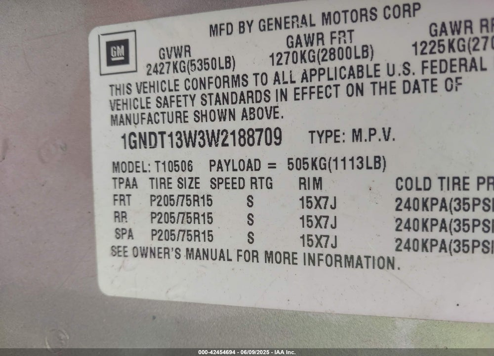 1998 CHEVROLET BLAZER LS VIN: 1GNDT13W3W2188709