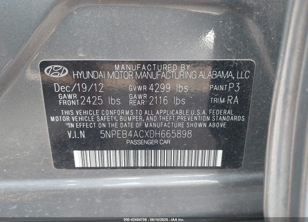 2013 HYUNDAI SONATA VIN: 5NPEB4ACXDH665898