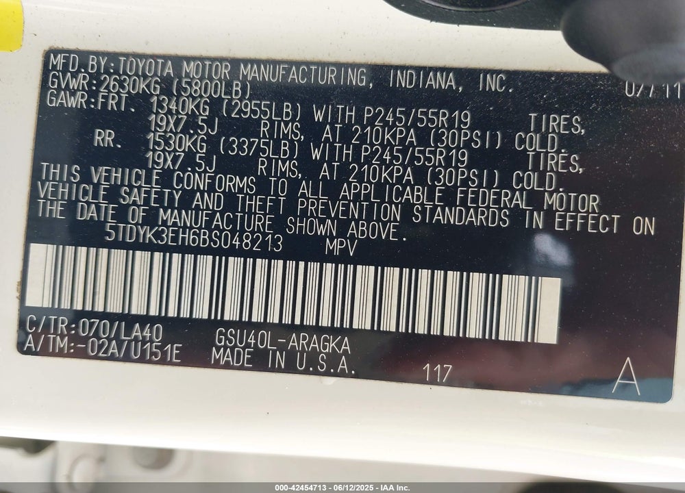 2011 TOYOTA HIGHLANDER LIMITED V6 VIN: 5TDYK3EH6BS048213