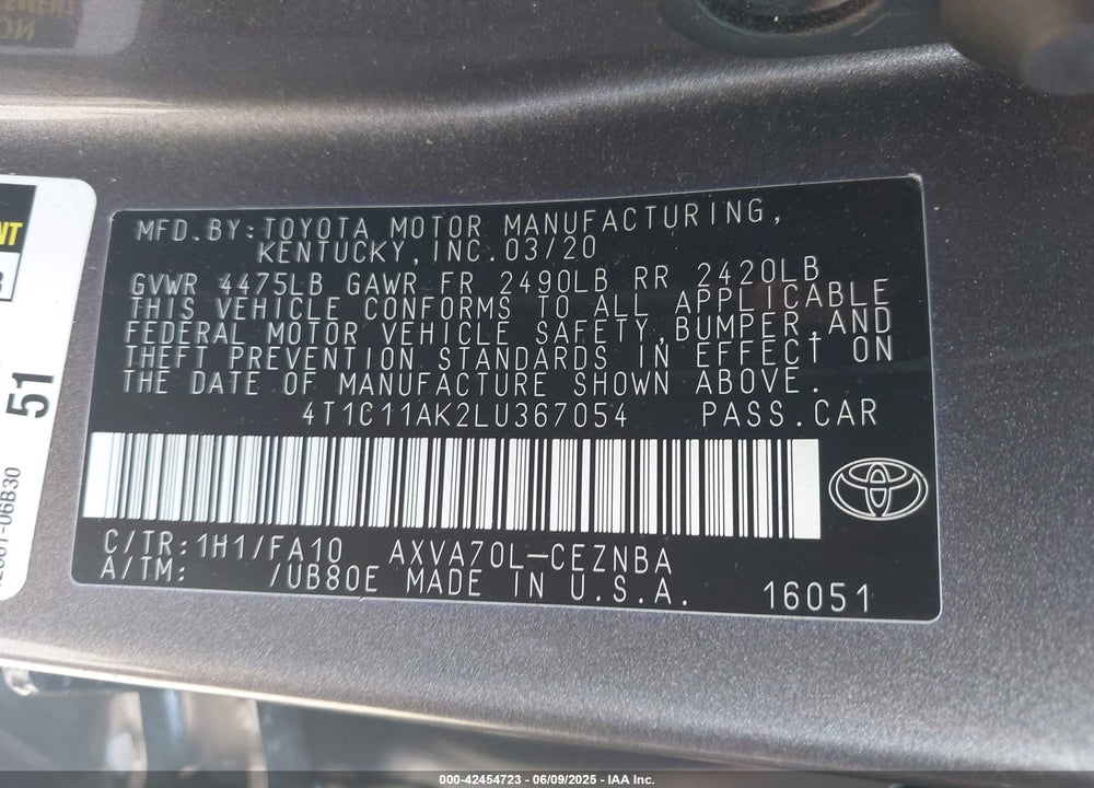 2020 TOYOTA CAMRY LE VIN: 4T1C11AK2LU367054