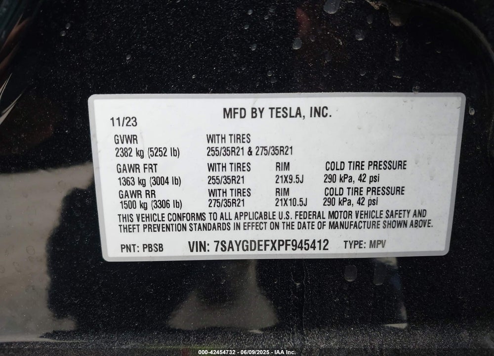 2023 TESLA MODEL Y VIN: 7SAYGDEFXPF945412