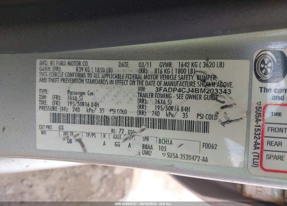 2011 FORD FIESTA VIN: 3FADP4CJ4BM203343