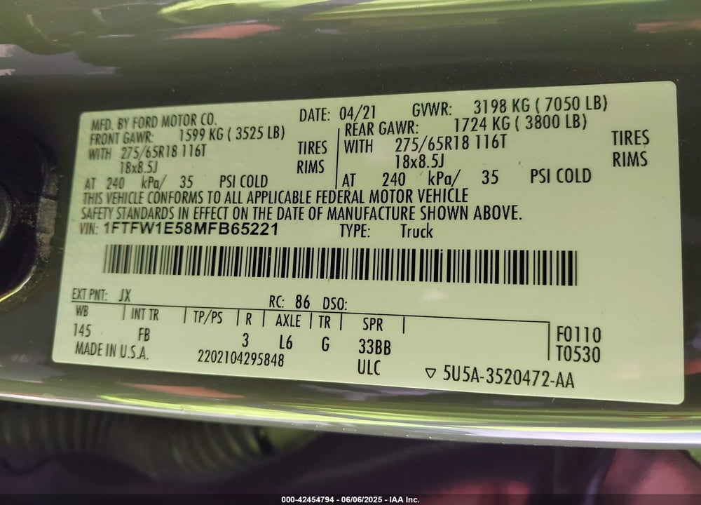 2021 FORD F-150 VIN: 1FTFW1E58MFB65221