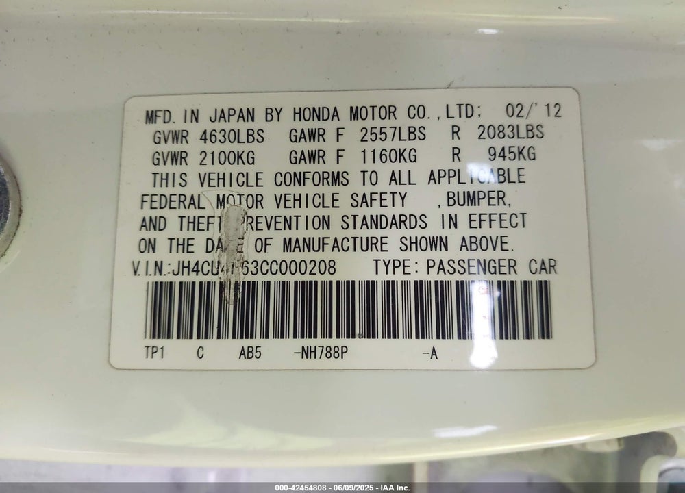 2012 ACURA TSX VIN: JH4CU4F63CC000208