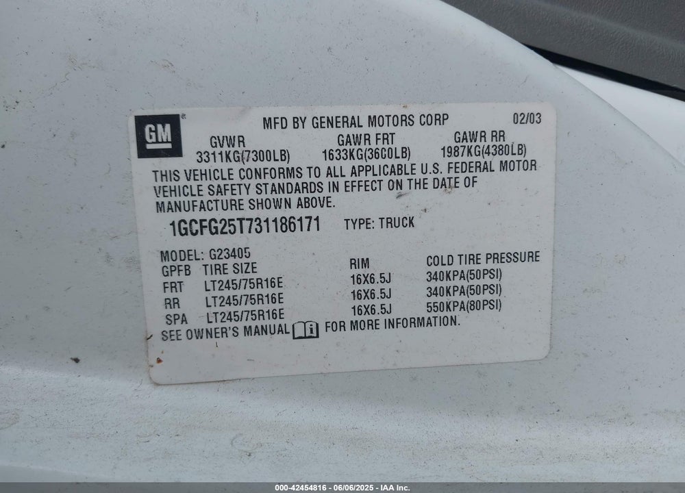 2003 CHEVROLET EXPRESS VIN: 1GCFG25T731186171