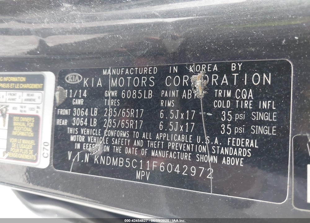 2015 KIA SEDONA LX VIN: KNDMB5C11F6042972