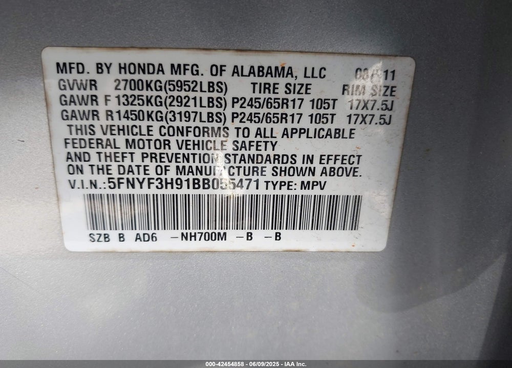 2011 HONDA PILOT VIN: 5FNYF3H91BB055471
