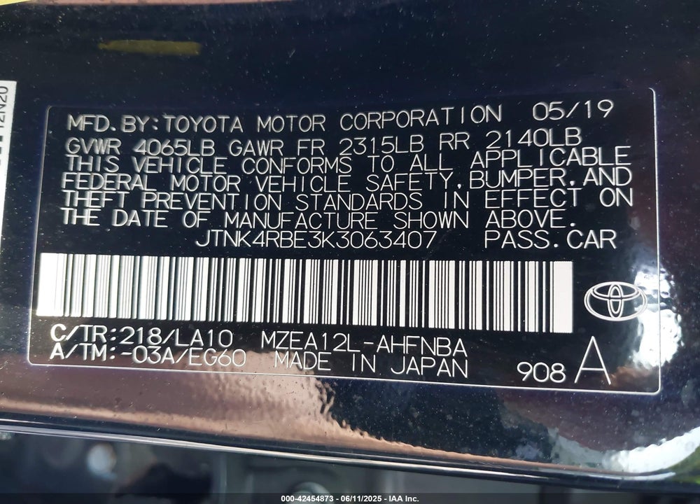 2019 TOYOTA COROLLA VIN: JTNK4RBE3K3063407