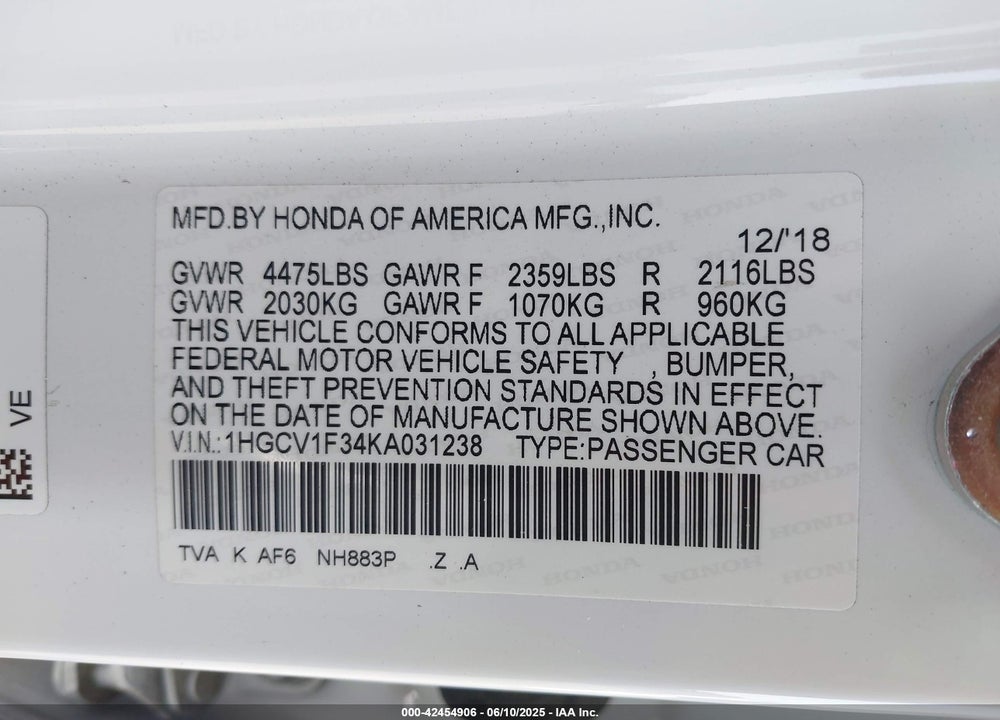 2019 HONDA ACCORD SPORT VIN: 1HGCV1F34KA031238