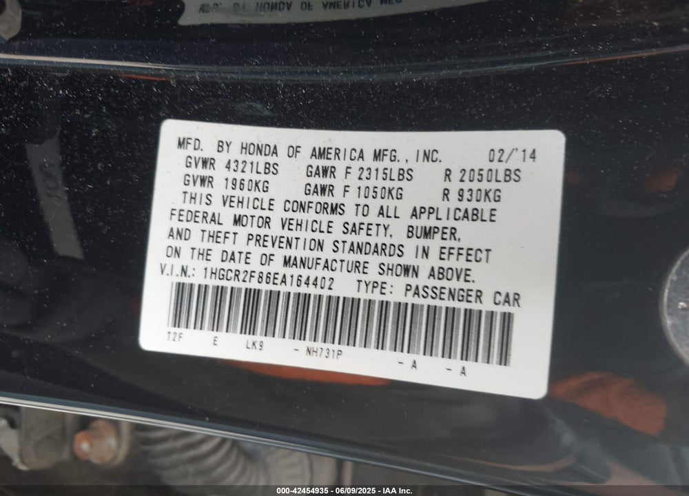 2014 HONDA ACCORD VIN: 1HGCR2F86EA164402