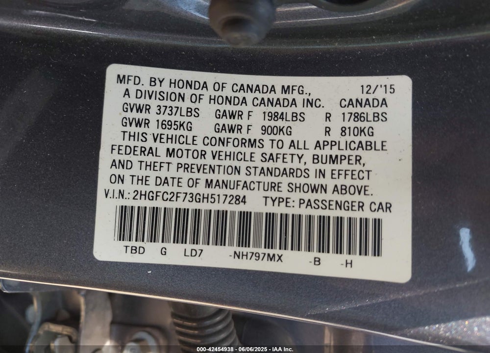 2016 HONDA CIVIC EX VIN: 2HGFC2F73GH517284