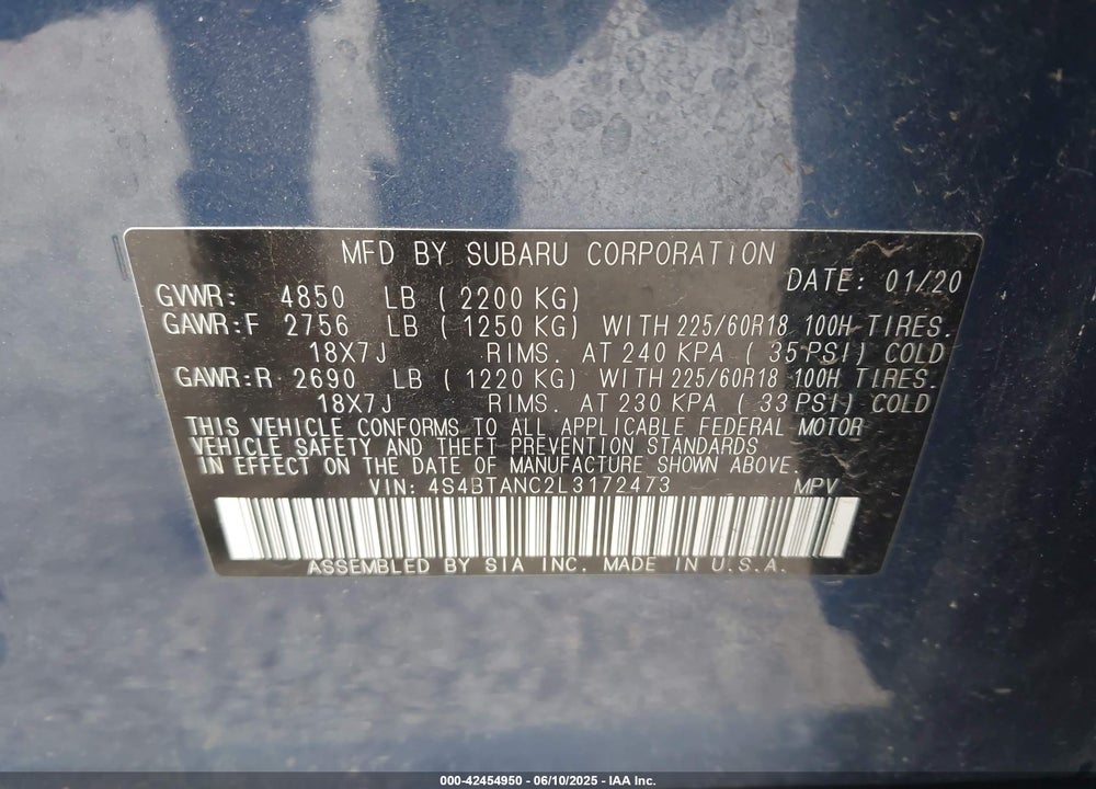 2020 SUBARU OUTBACK VIN: 4S4BTANC2L3172473