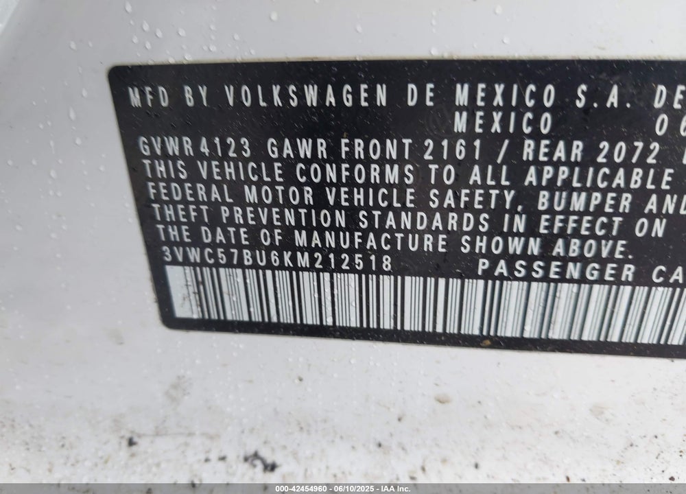 2019 VOLKSWAGEN JETTA VIN: 3VWC57BU6KM212518