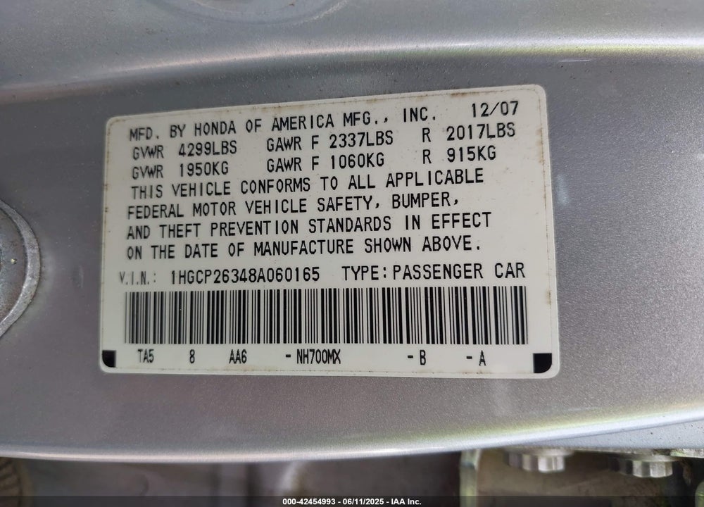 2008 HONDA ACCORD 2.4 LX VIN: 1HGCP26348A060165