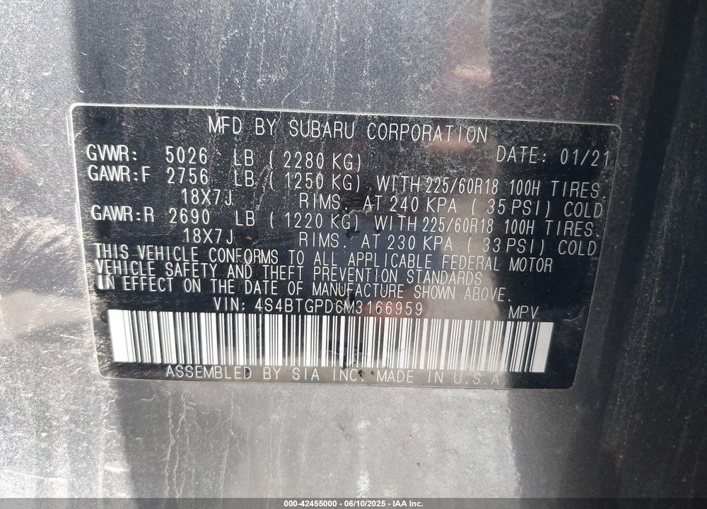 2021 SUBARU OUTBACK VIN: 4S4BTGPD6M3166959