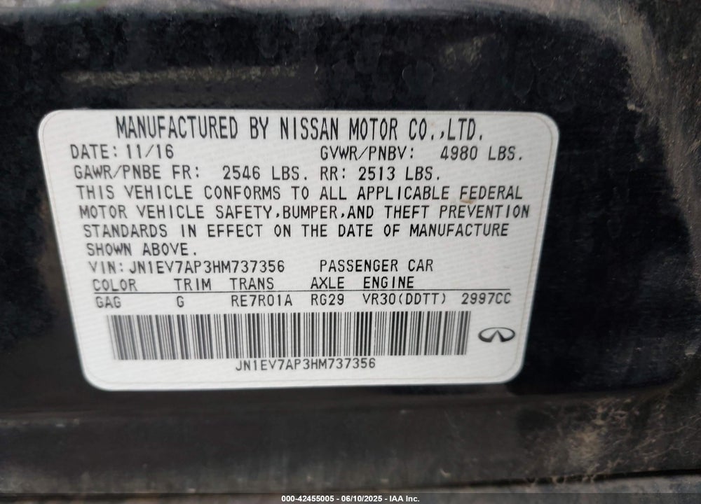 2017 INFINITI Q50 3.0T PREMIUM VIN: JN1EV7AP3HM737356