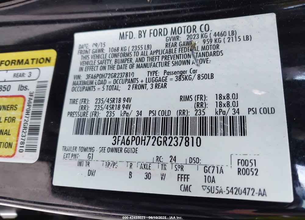 2016 FORD FUSION VIN: 3FA6P0H72GR237810