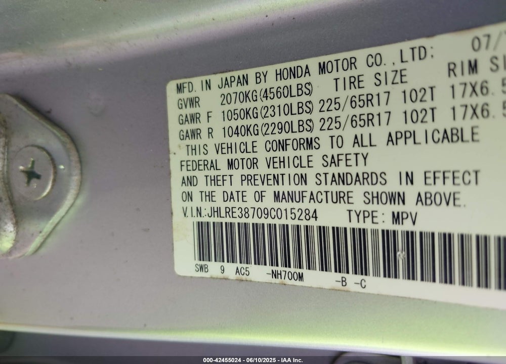 2009 HONDA CR-V EX-L VIN: JHLRE38709C015284