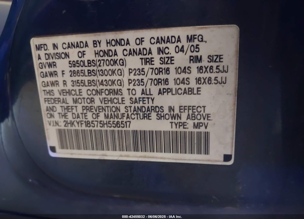 2005 HONDA PILOT VIN: 2HKYF18575H556517