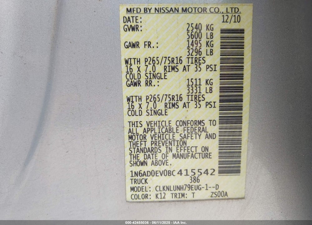 2011 NISSAN FRONTIER VIN: 1N6AD0EV0BC415542