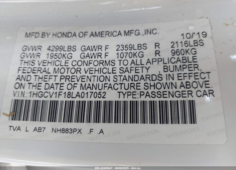 2020 HONDA ACCORD VIN: 1HGCV1F18LA017052