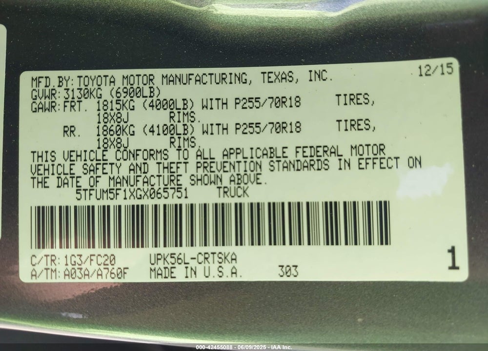 2016 TOYOTA TUNDRA VIN: 5TFUM5F1XGX065751