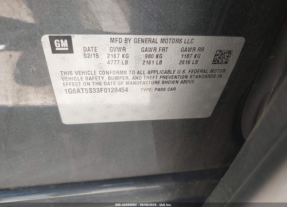 2015 CADILLAC CTS VIN: 1G6AT5S33F0128454