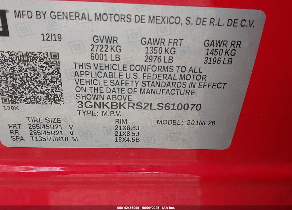2020 CHEVROLET BLAZER VIN: 3GNKBKRS2LS610070