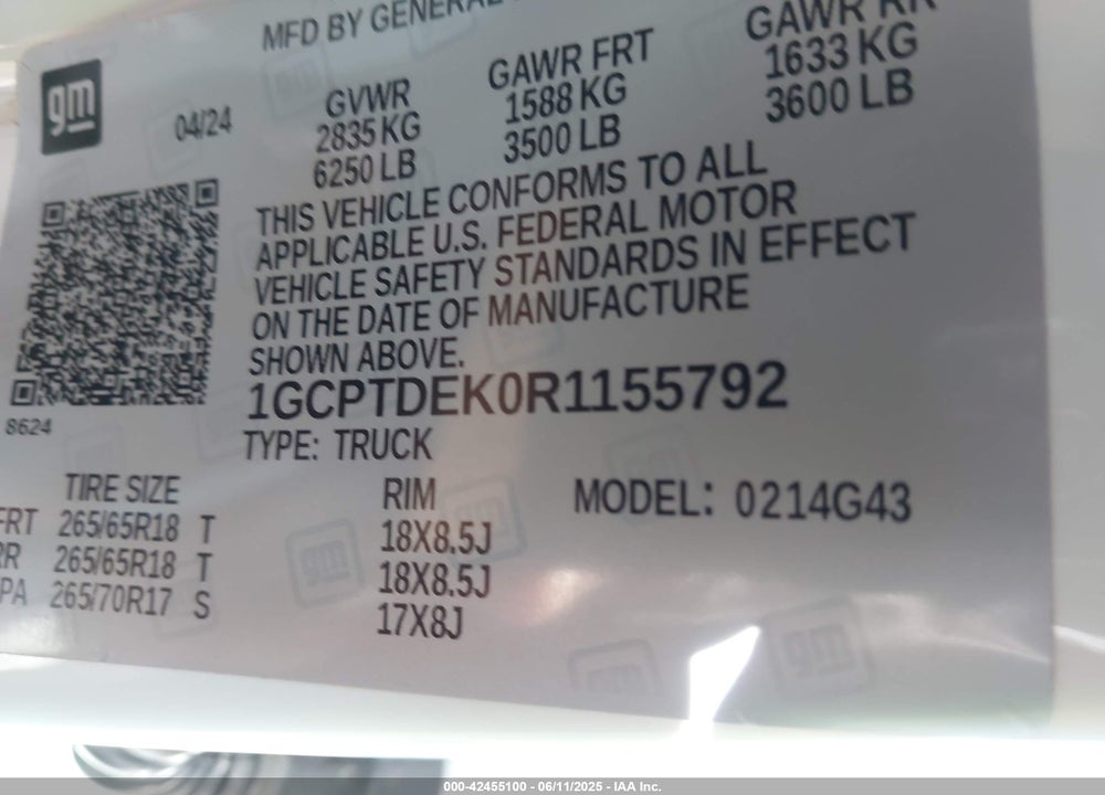 2024 CHEVROLET COLORADO VIN: 1GCPTDEK0R1155792